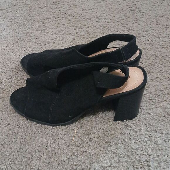 Dexflex Comfort black open toe block heel faux suede heels slingback Sz 7W NWOT - Picture 3 of 7